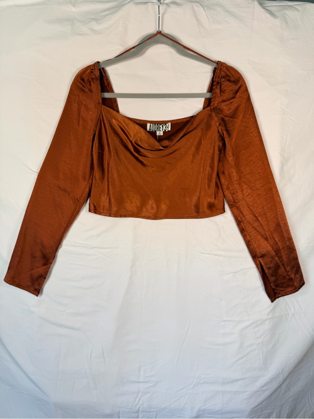 Audrey 3+1 Rust Satin Cowl Neck Crop Top Long Sleeve Y2K Party S
